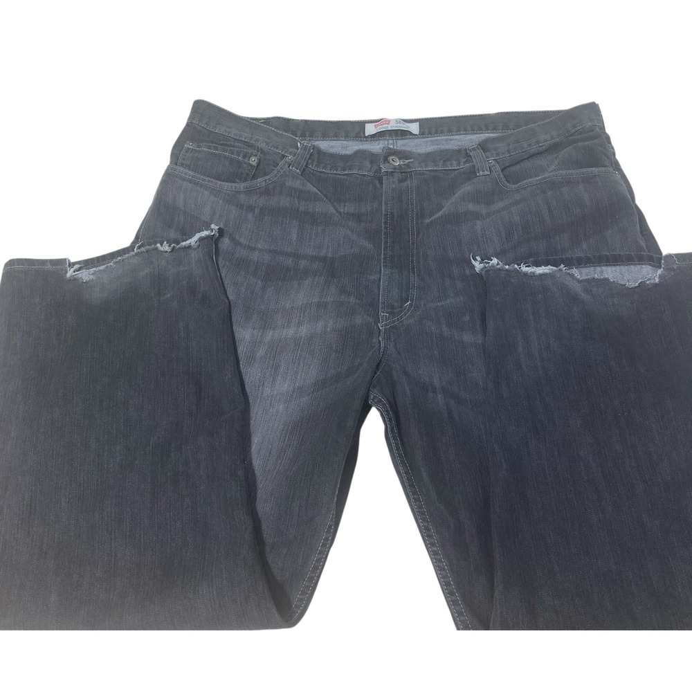 Mens Levis 569 Loose Straight Jeans Dark Gray Size 42x30 Distressed Hem‎